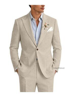 Men's Linen Suit 2 Piece Slim Fit Beach Wedding Prom Suit for Men